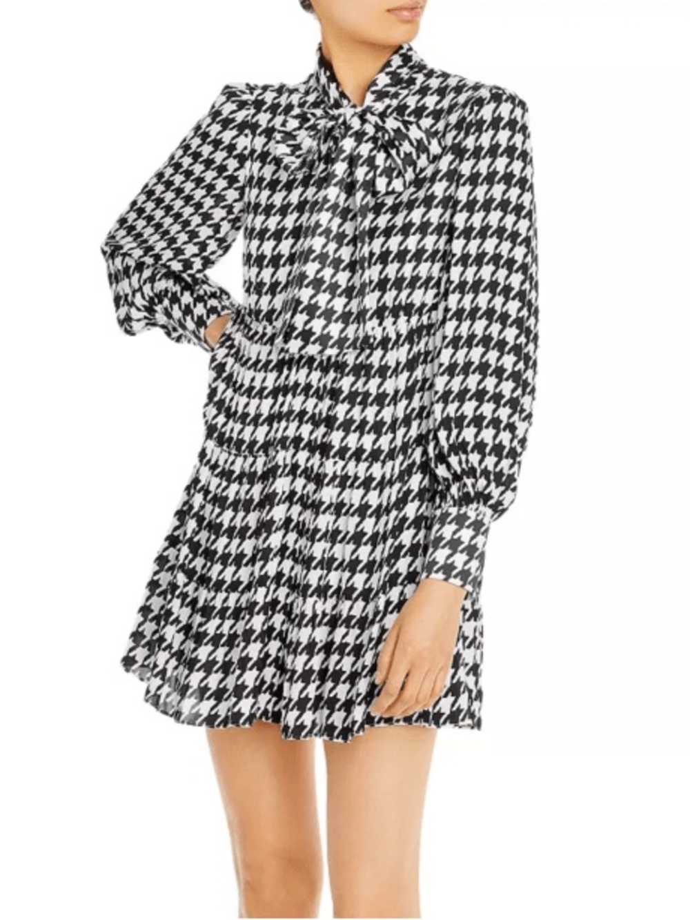 Alice + Olivia Black & White Houndstooth Tie-Neck Mini Dress